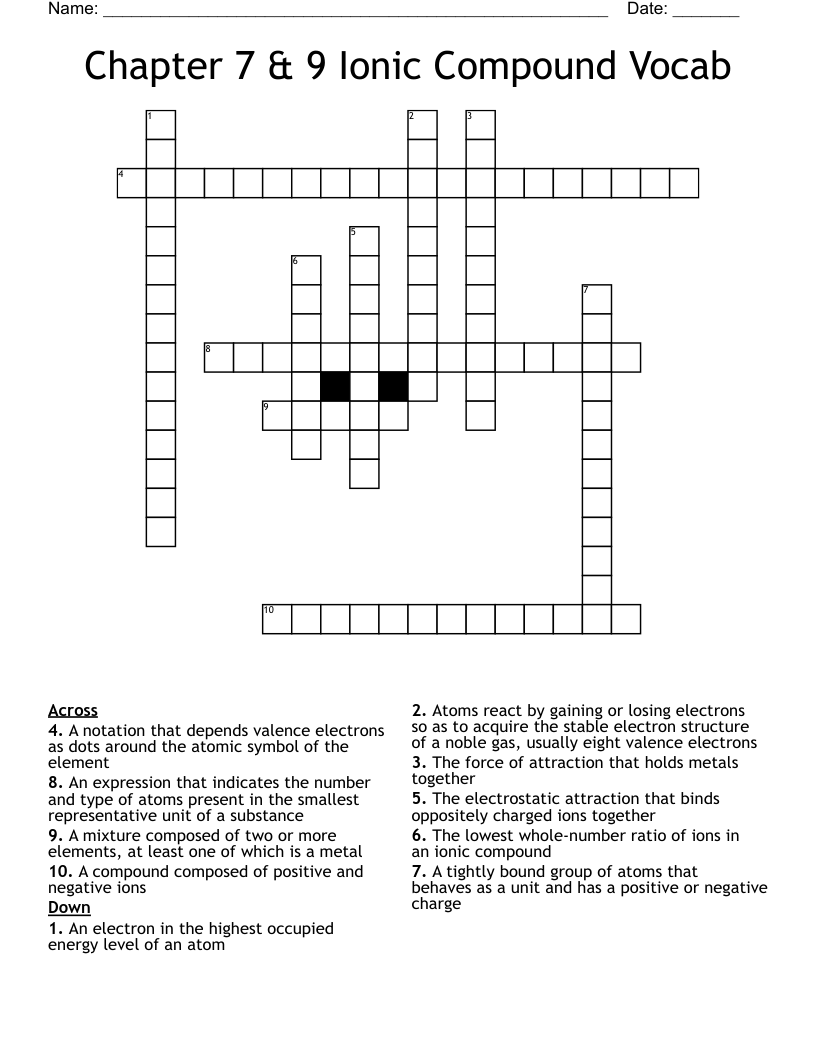 Chapter 7 & 9 Ionic Compound Vocab Crossword