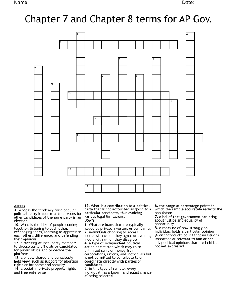 Chapter 7 and Chapter 8 terms for AP Gov. Crossword