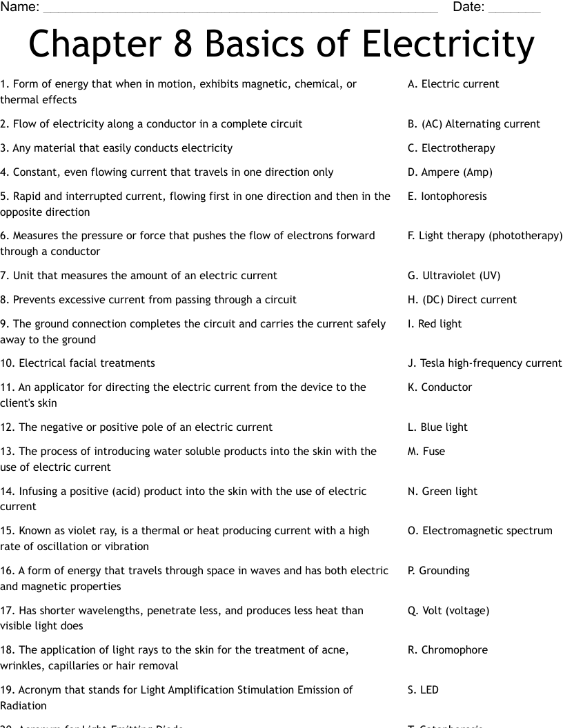 Chapter 8 Basics of Electricity Worksheet
