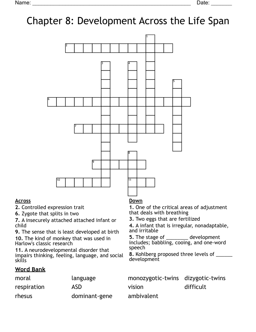 Chapter 8: Development Across the Life Span Crossword