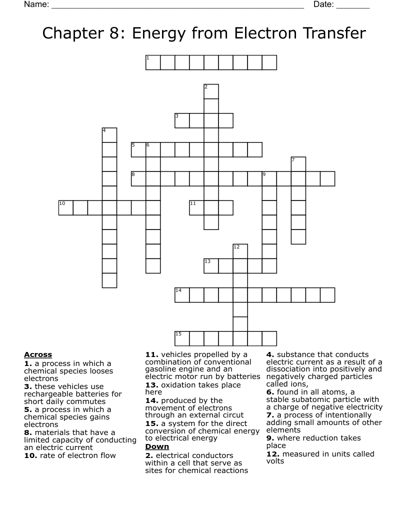 Chapter 8: Energy from Electron Transfer Crossword