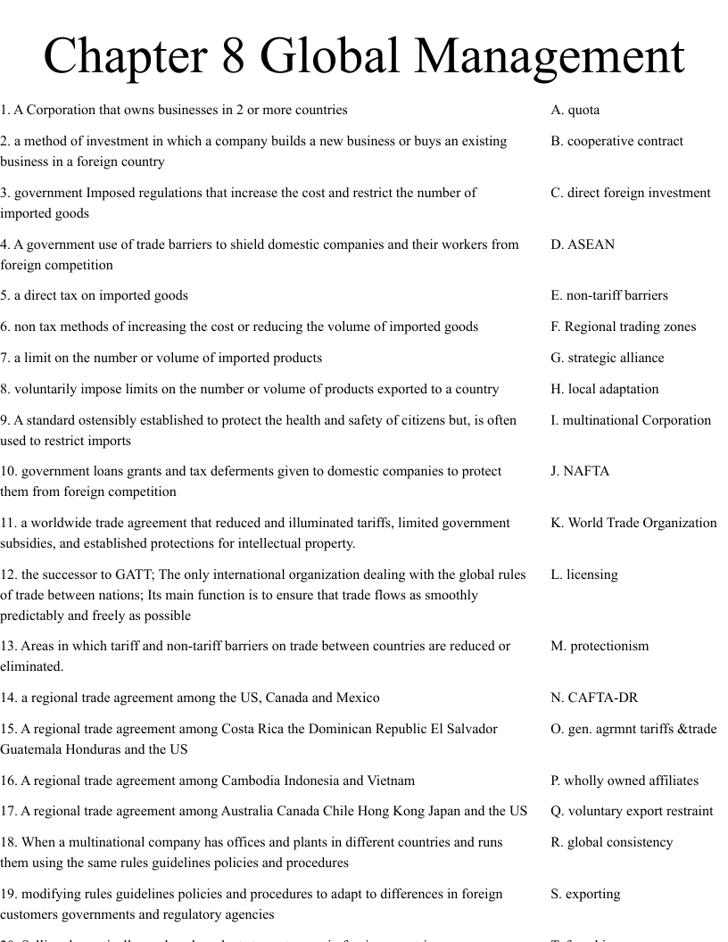 Chapter 8 Global Management  Worksheet