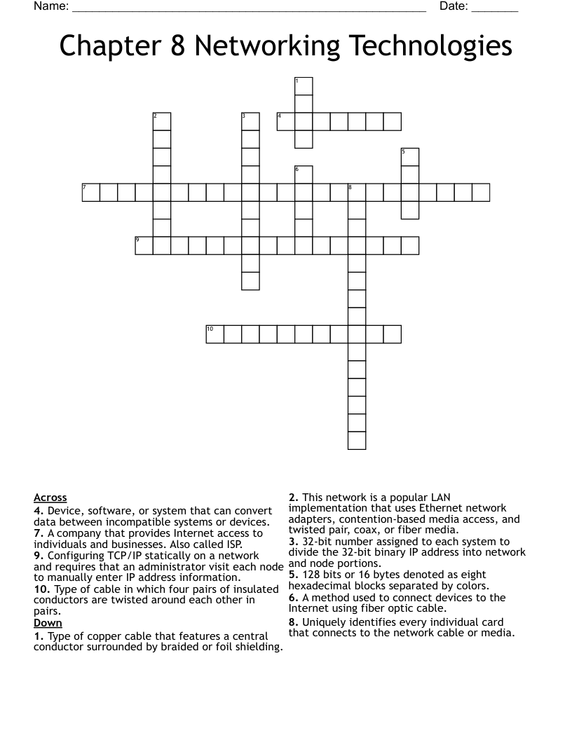 Chapter 8 Networking Technologies Crossword