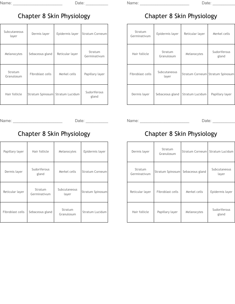 Chapter 8 Skin Physiology Bingo Cards