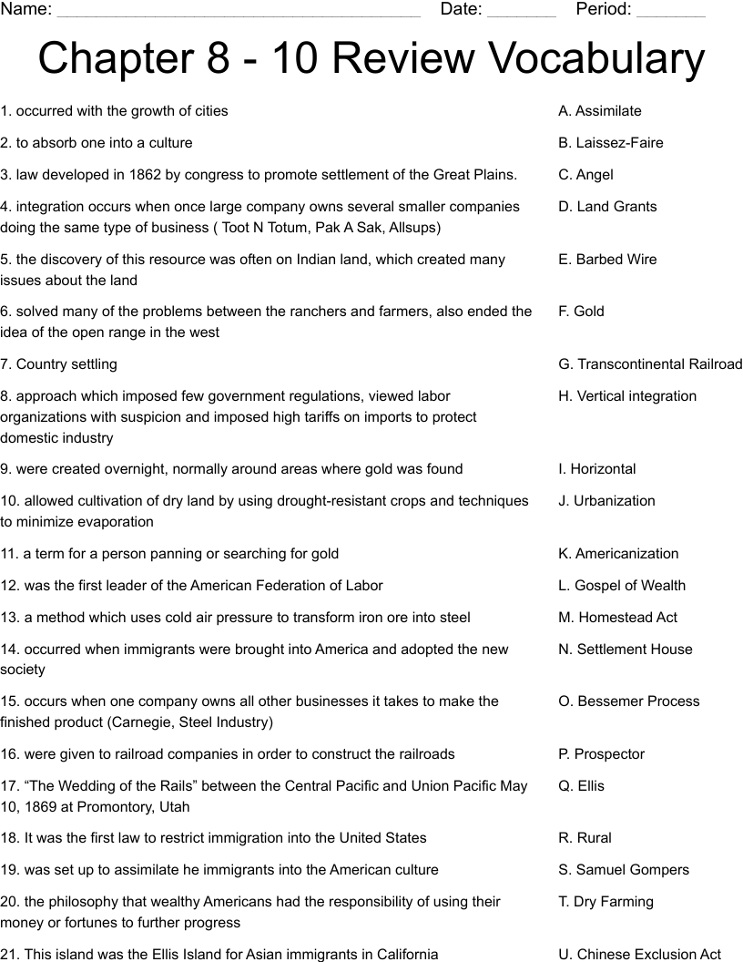 Chapter 8 - 10 Review Vocabulary Worksheet