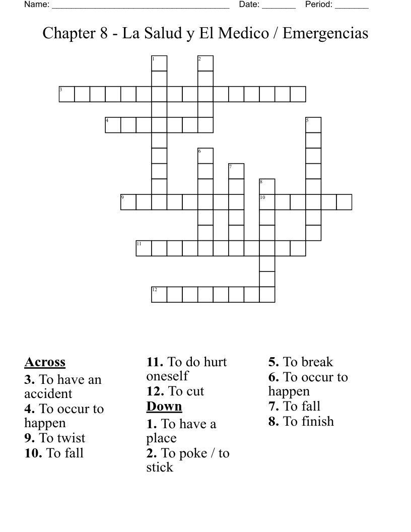 Chapter 8 - La Salud y El Medico / Emergencias Crossword