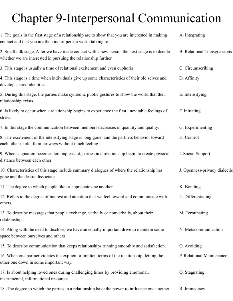 Chapter 9-Interpersonal Communication Worksheet