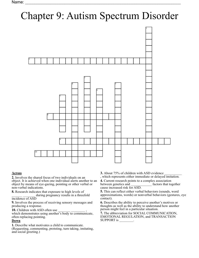 Chapter 9: Autism Spectrum Disorder Crossword