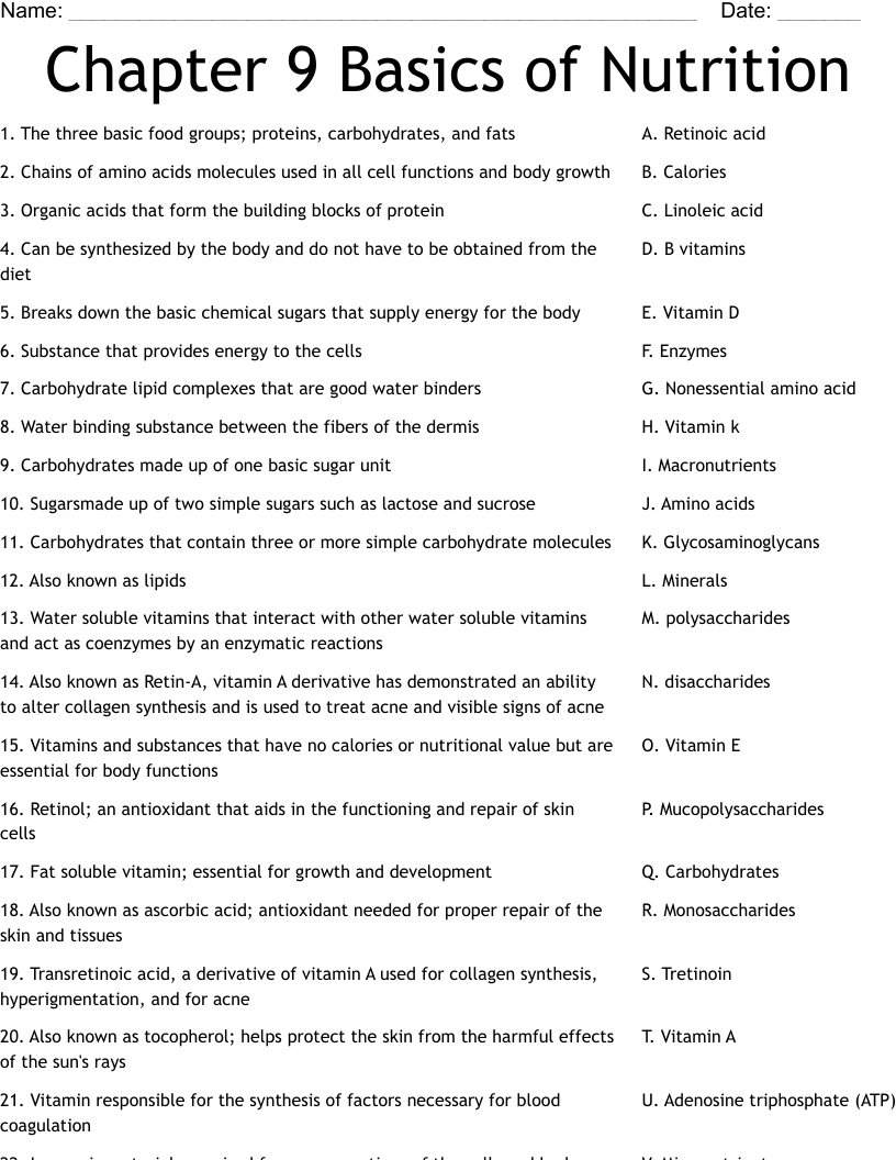 Chapter 9 Basics of Nutrition Worksheet