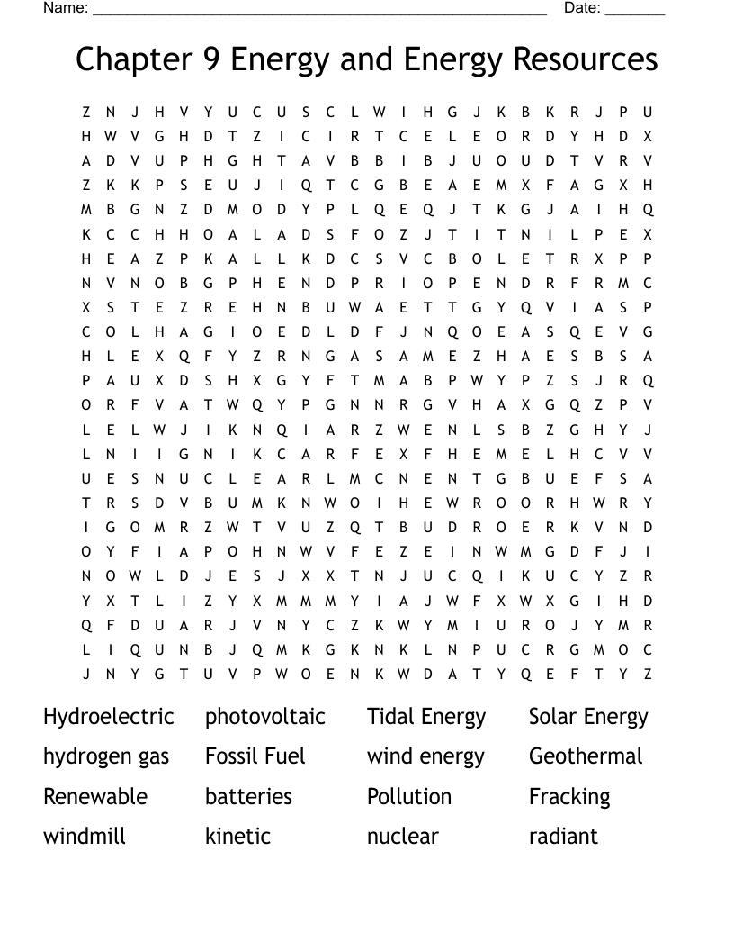 Chapter 9 Energy and Energy Resources Word Search