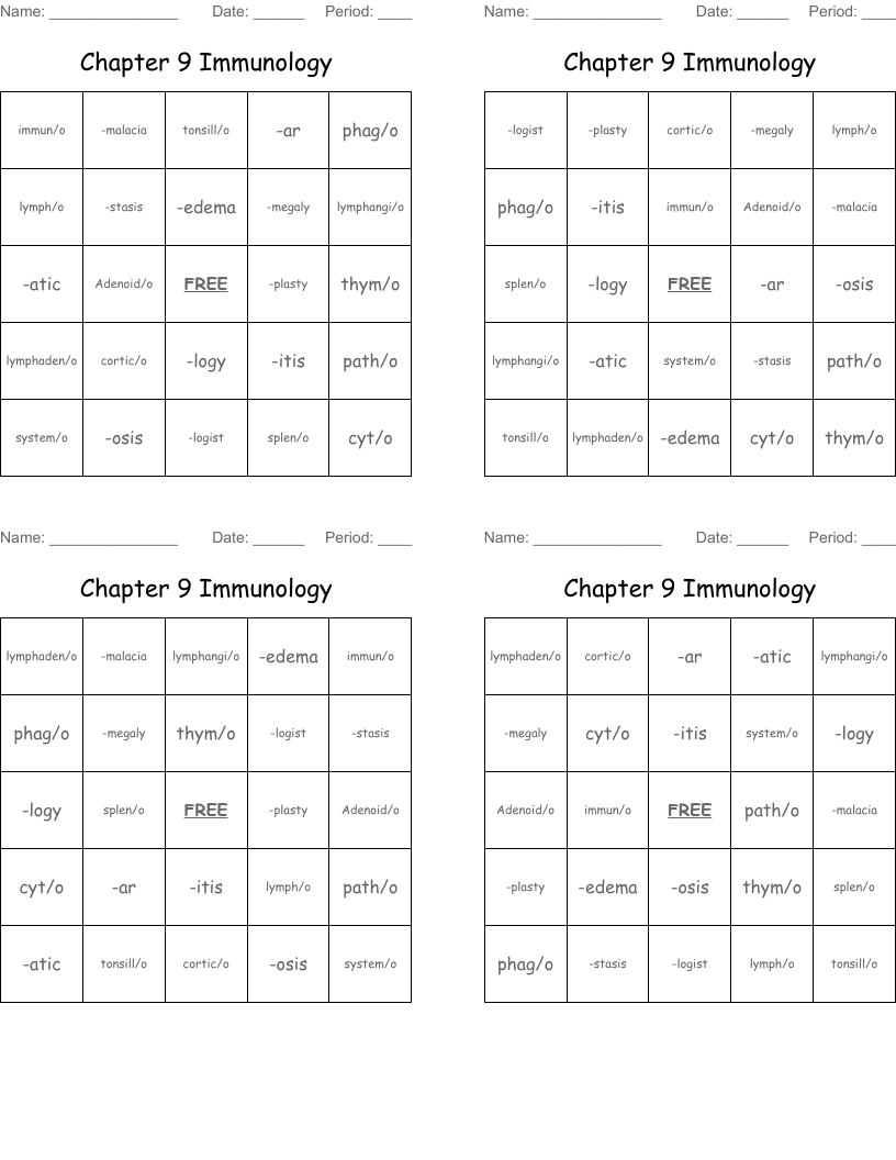 Chapter 9 Immunology  Bingo Cards