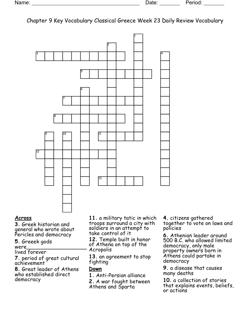 Chapter 9 Key Vocabulary Classical Greece  Week 23 Daily Review Vocabulary Crossword