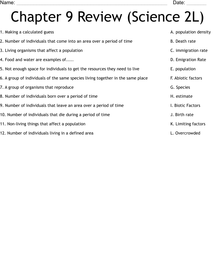 Chapter 9 Review (Science 2L) Worksheet