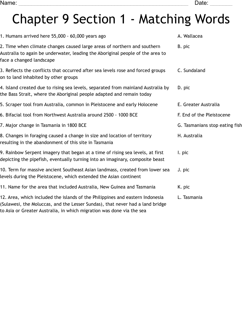 Chapter 9 Section 1 - Matching Words Worksheet