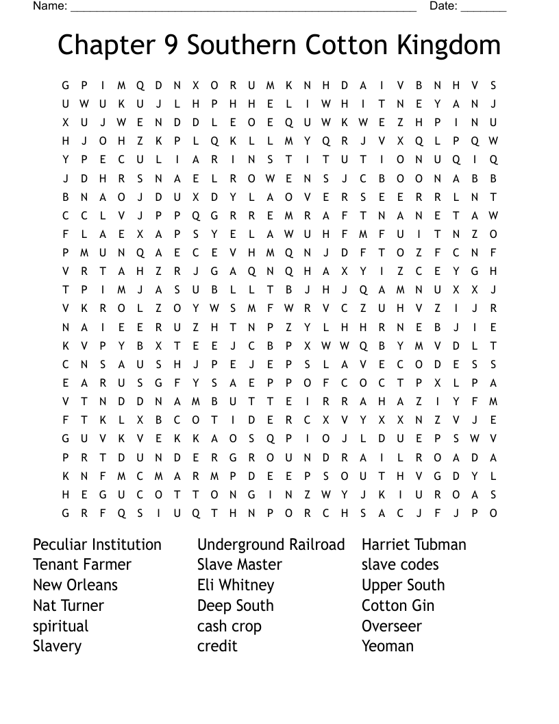 Chapter 9 Southern Cotton Kingdom Word Search
