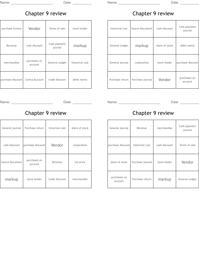 Chapter 9 review Bingo Cards
