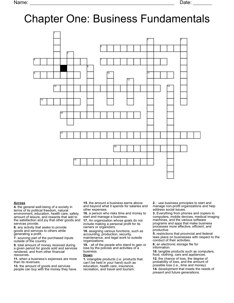 Chapter One: Business Fundamentals Crossword