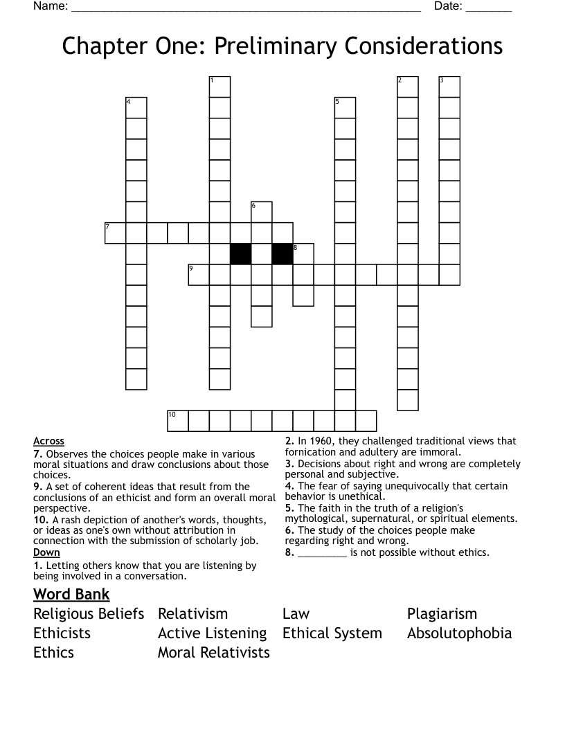 Chapter One: Preliminary Considerations  Crossword