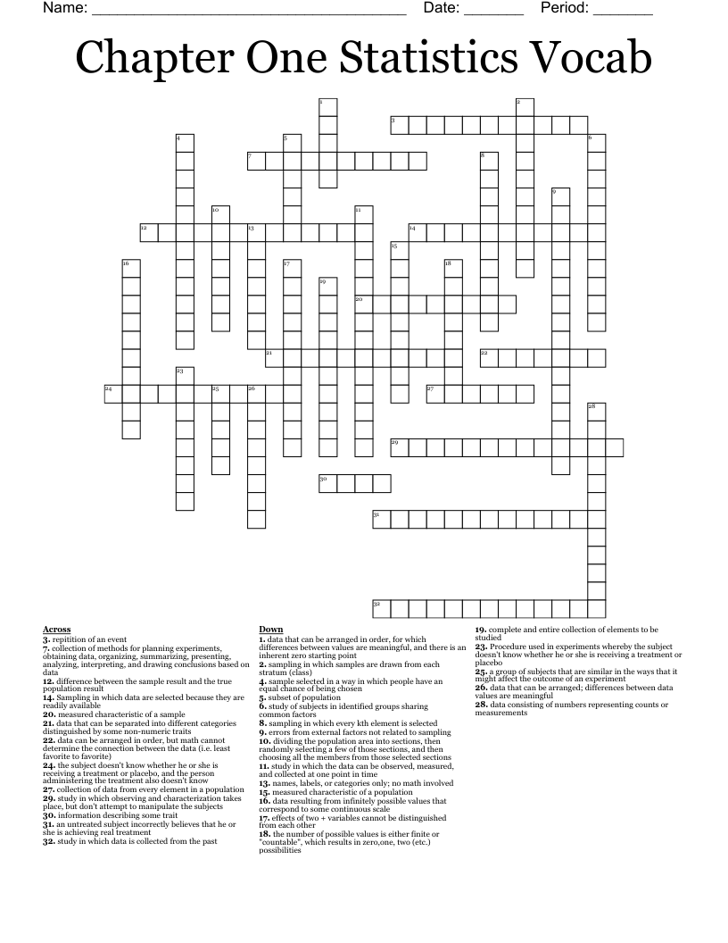 Chapter One Statistics Vocab Crossword