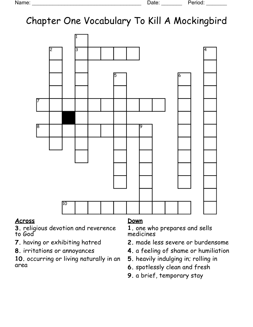 Chapter One Vocabulary To Kill A Mockingbird Crossword