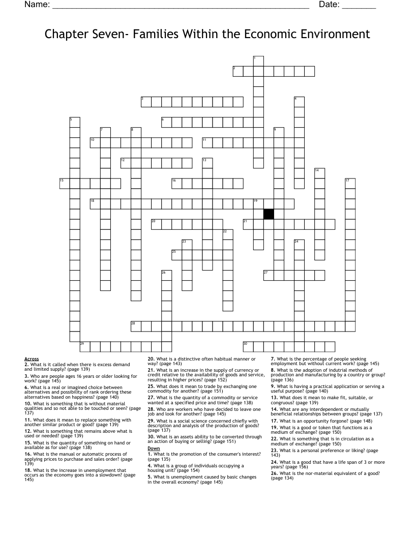 Chapter Seven- Families Within the Economic Environment  Crossword