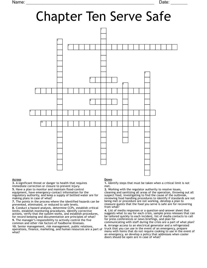 Chapter Ten Serve Safe Crossword
