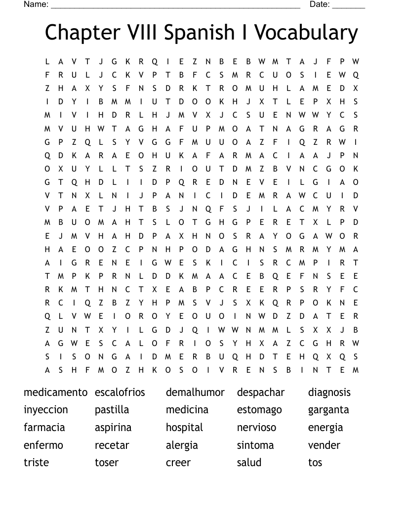 Chapter VIII Spanish I Vocabulary  Word Search