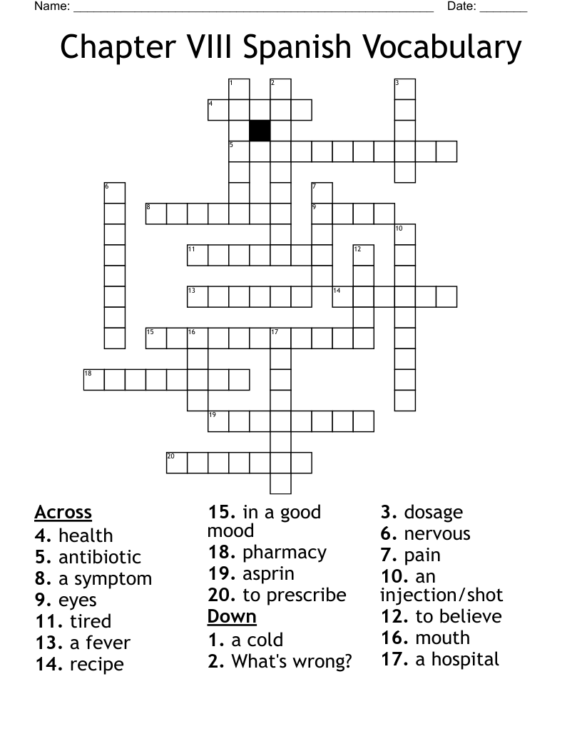 Chapter VIII Spanish Vocabulary Crossword