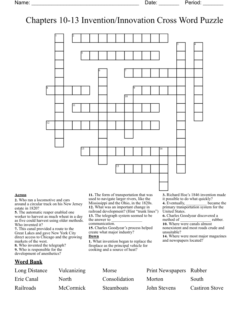 Chapters 10-13 Invention/Innovation Cross Word Puzzle
