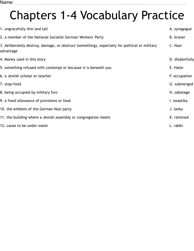 Chapters 1-4 Vocabulary Practice Worksheet