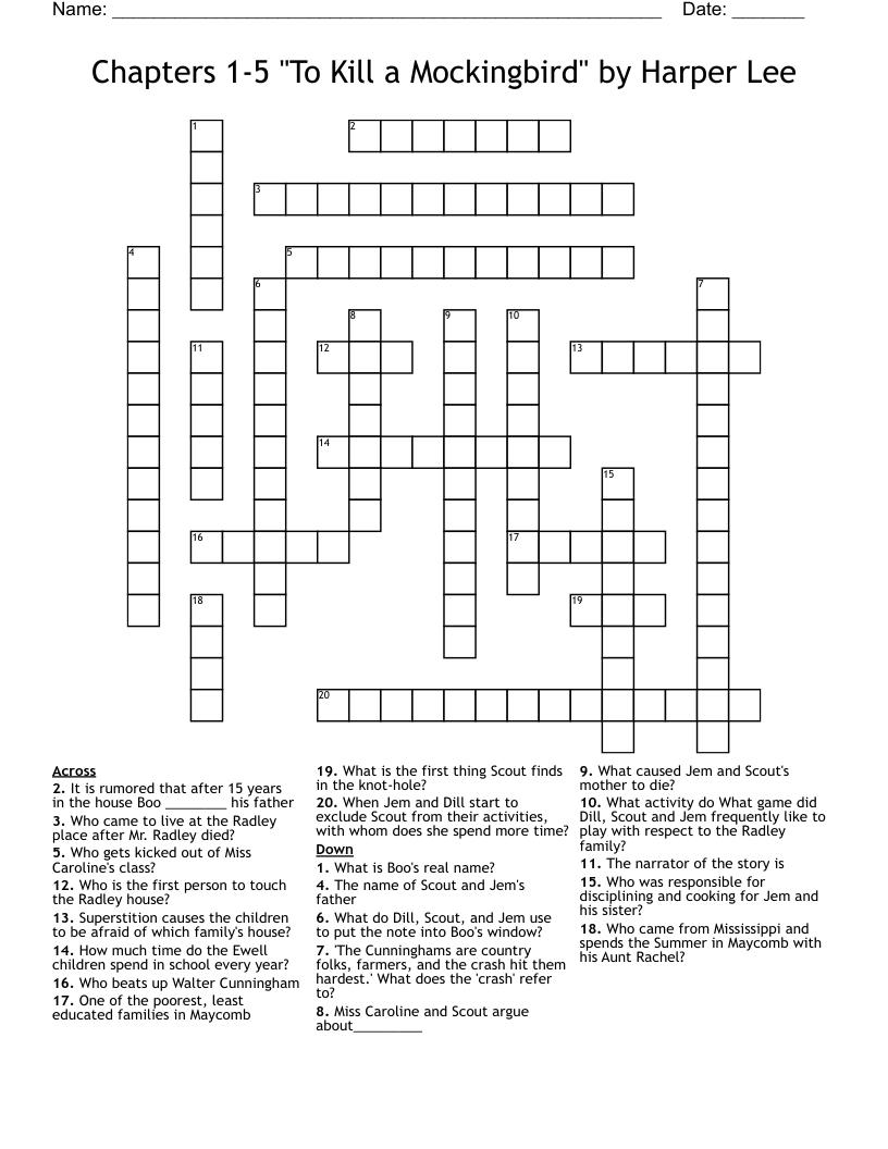 Chapters 1-5 "To Kill a Mockingbird" by Harper Lee Crossword