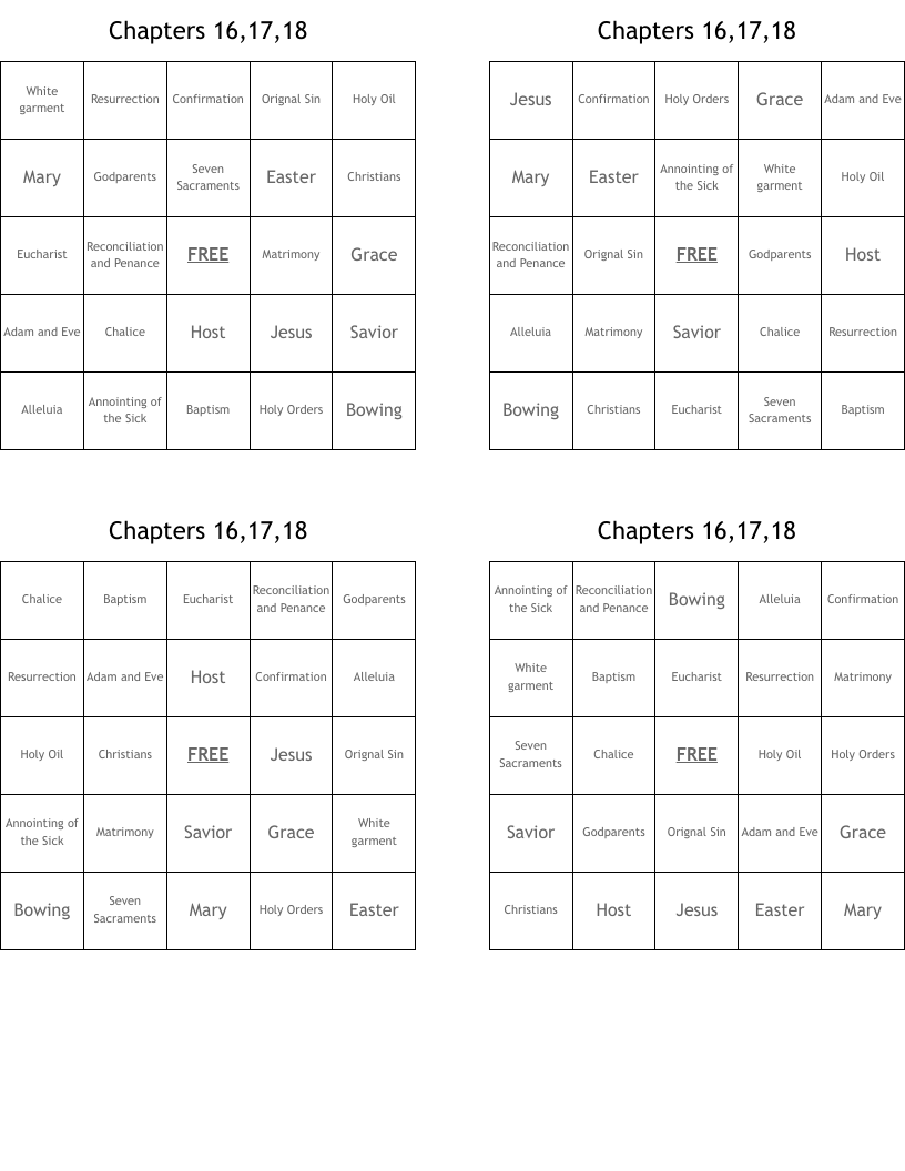 Chapters 16,17,18 Bingo Cards