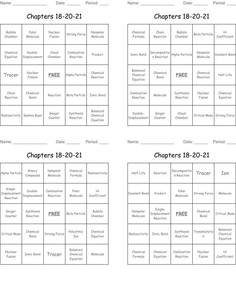 Chapters 18-20-21 Bingo Cards