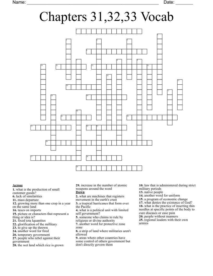 Chapters 31,32,33 Vocab Crossword