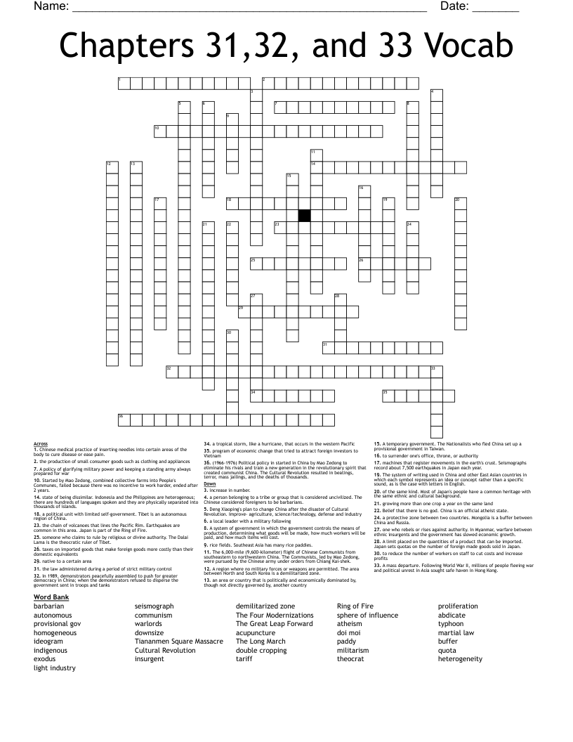 Chapters 31,32, and 33 Vocab Crossword