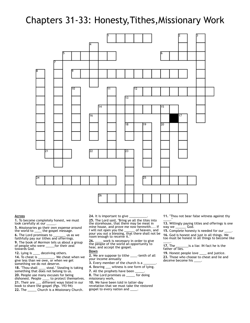Chapters 31-33: Honesty,Tithes,Missionary Work Crossword