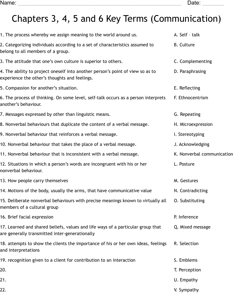 Chapters 3, 4, 5 and 6 Key Terms (Communication) Worksheet