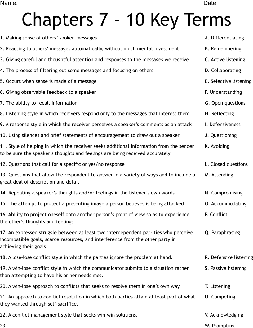 Chapters 7 - 10 Key Terms Worksheet
