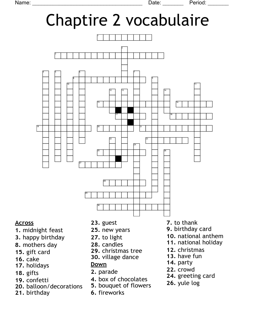 Chaptire 2 vocabulaire Crossword