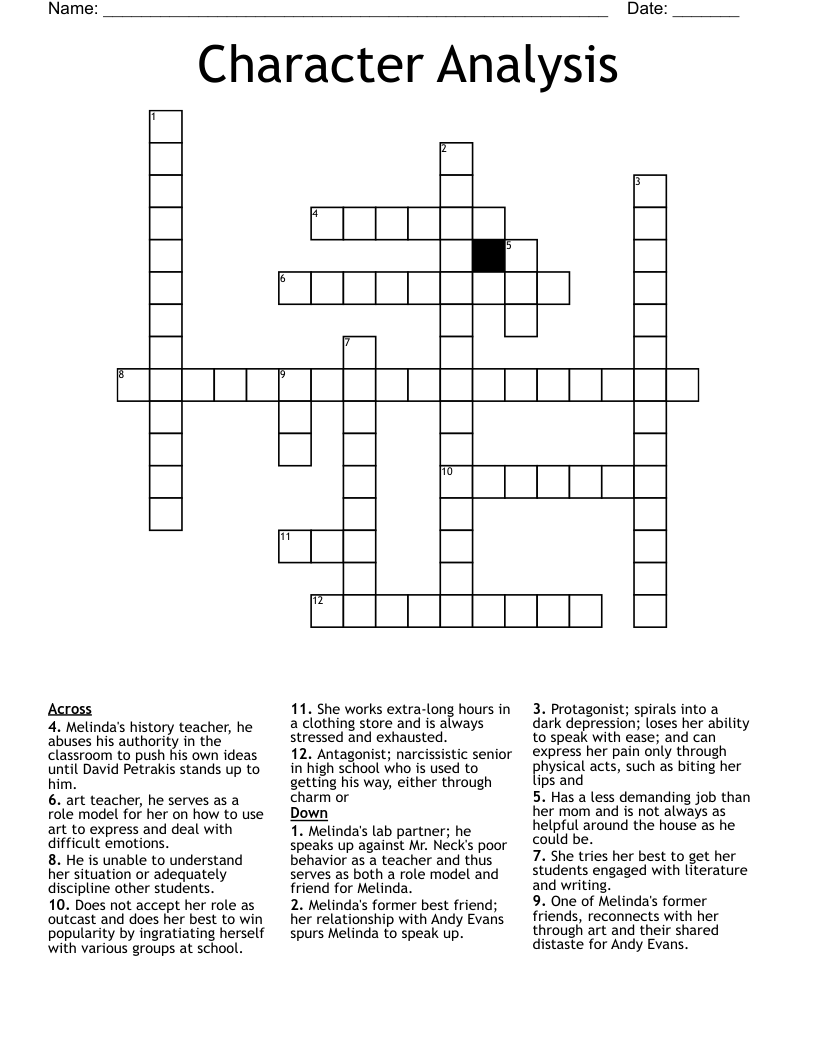 Character Analysis  Crossword