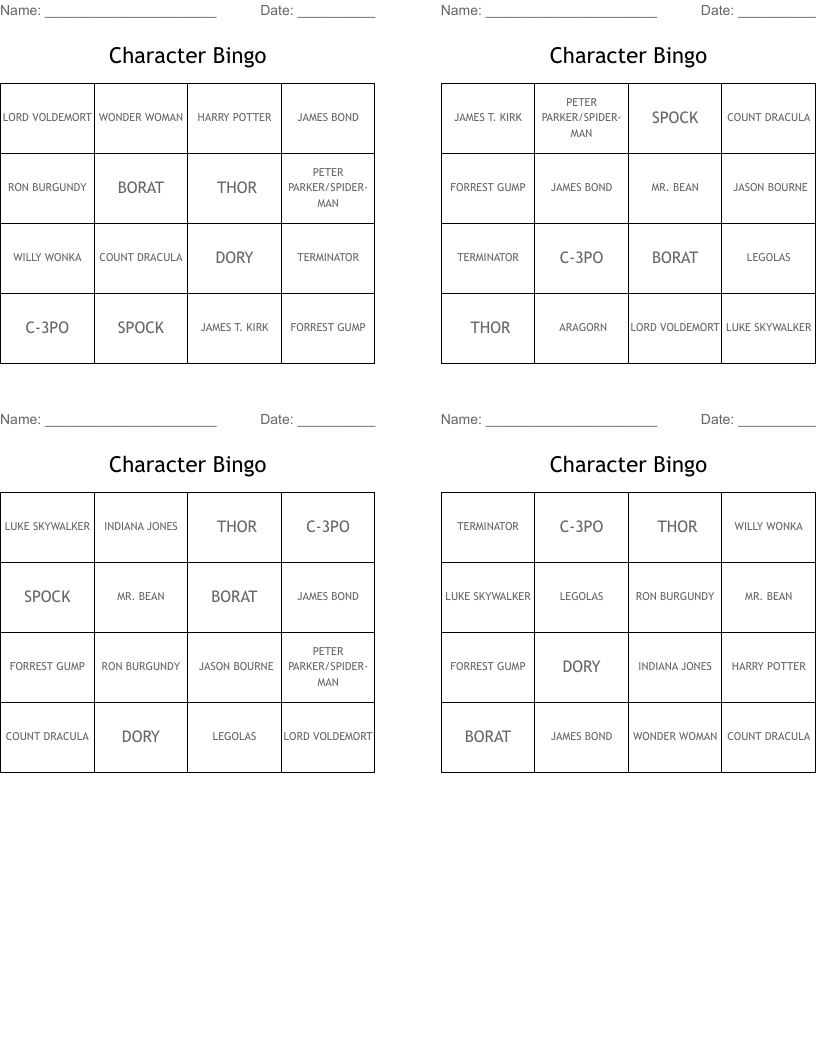 Character Bingo 
