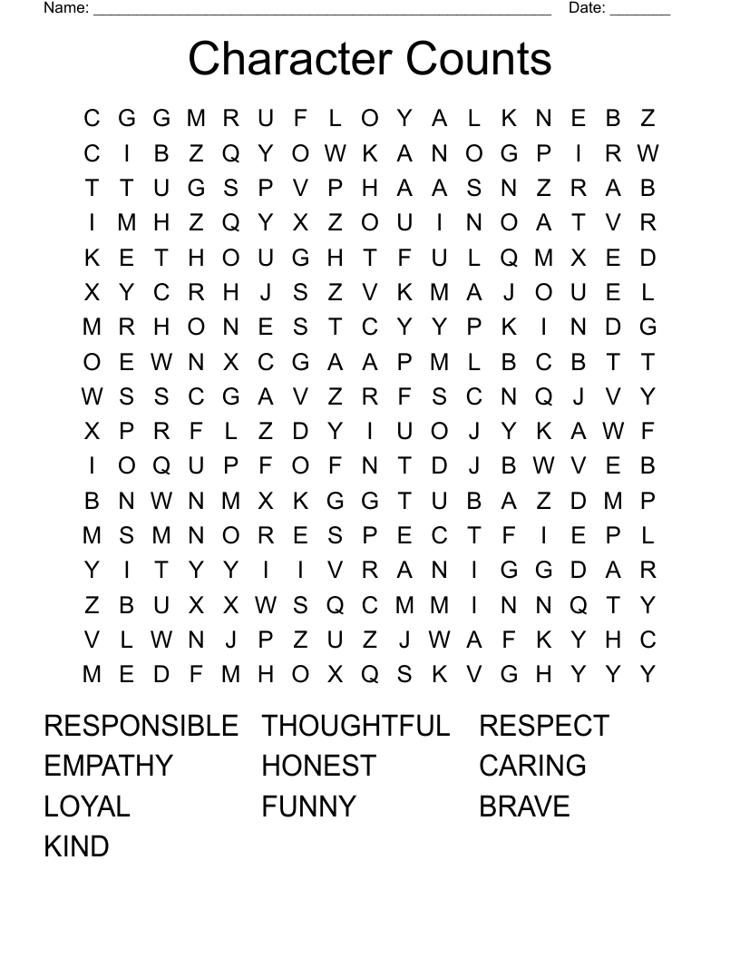 Character Counts Word Search