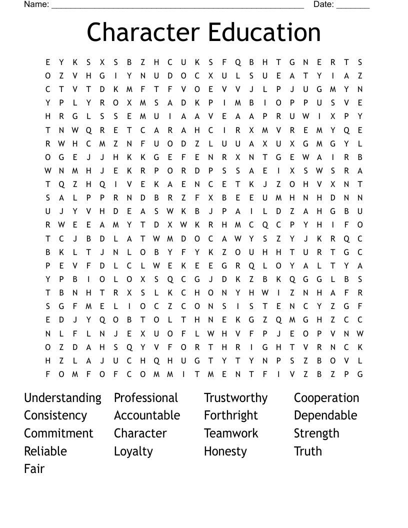 Character Education Word Search