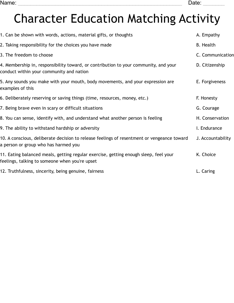 Character Education Matching Activity  Worksheet