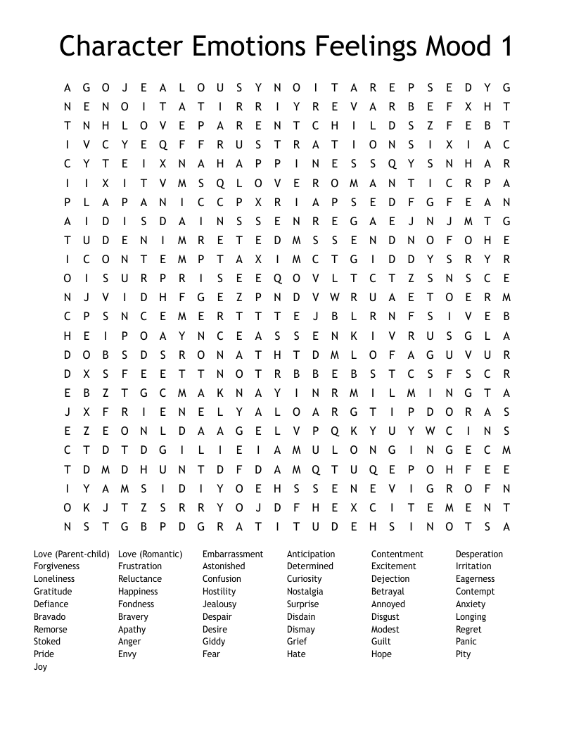 Character Emotions Feelings Mood 1 Word Search