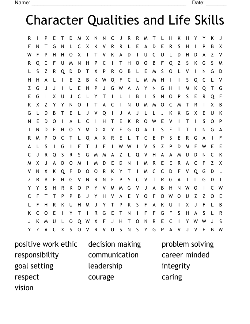 Character Qualities and Life Skills Word Search
