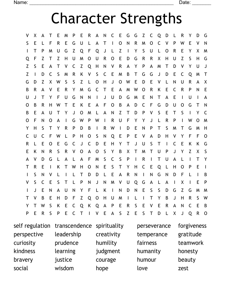 Character Strengths Word Search