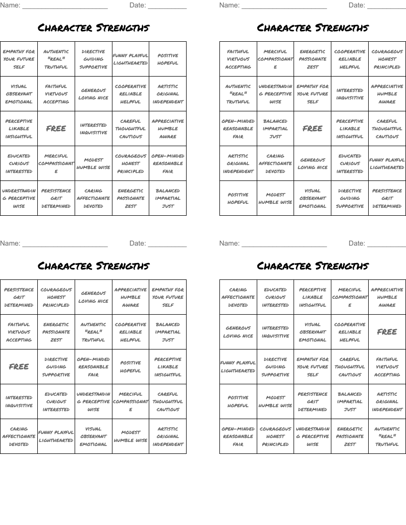Character Strengths Bingo Cards