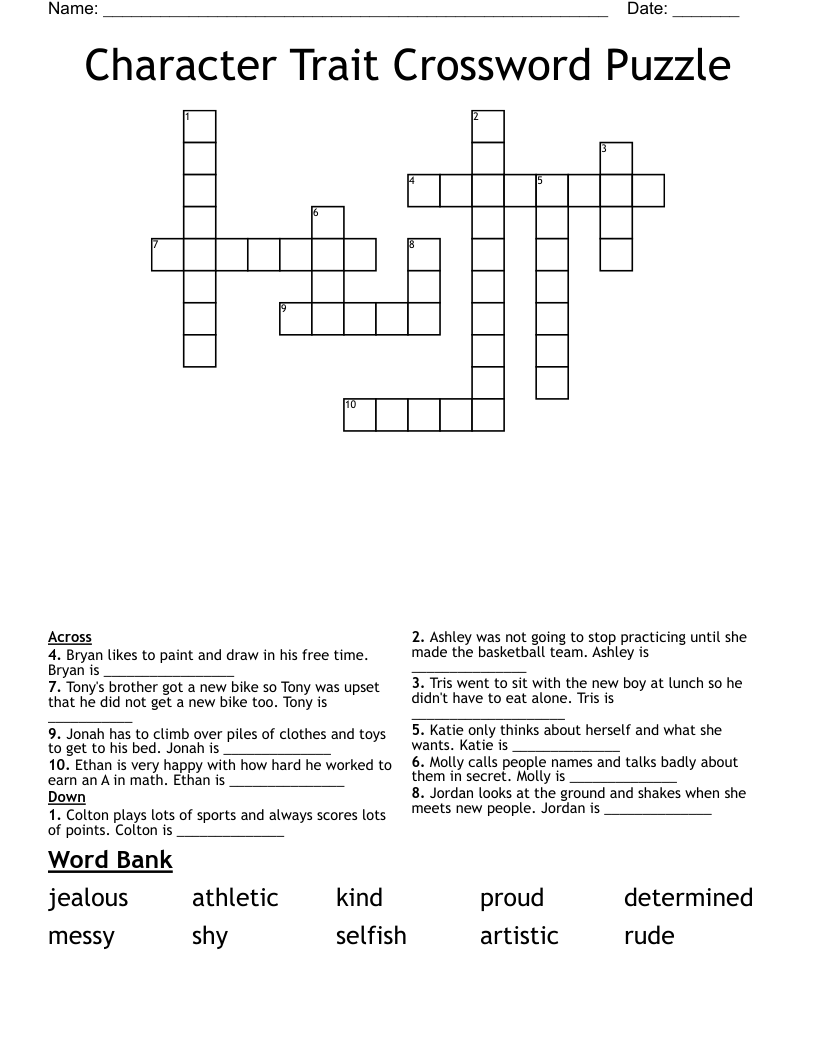 Character Trait Crossword Puzzle