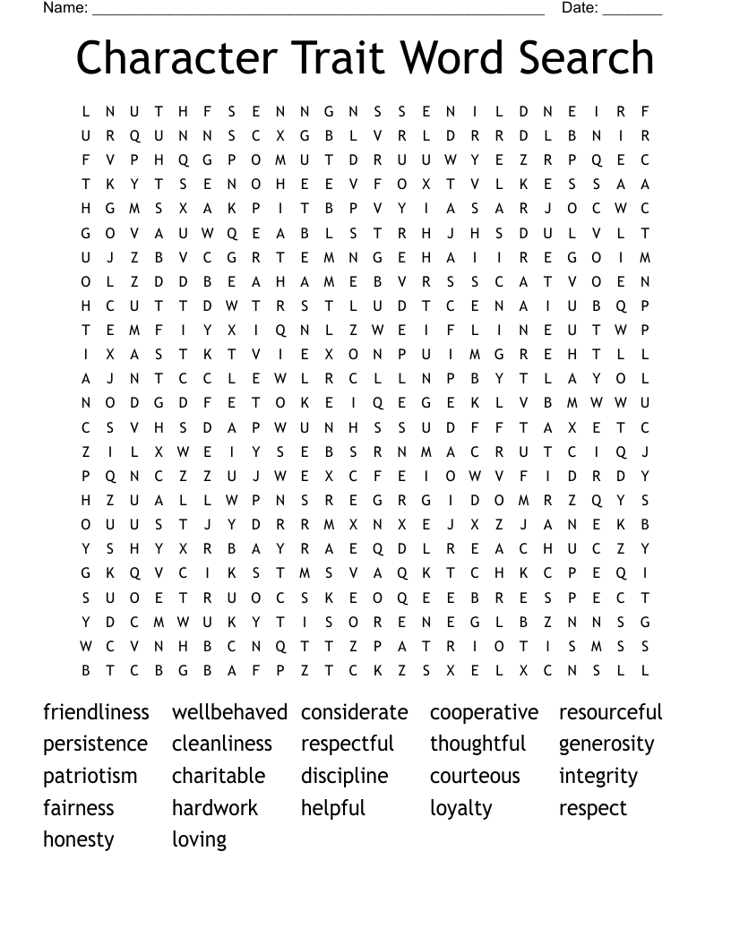 Character Trait Word Search